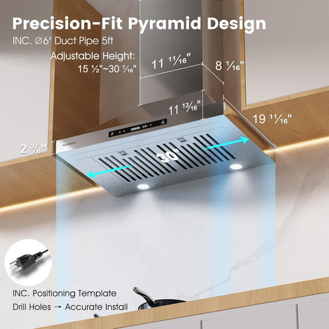30-inch Wall Mount Range Hood, 900 CFM Full Copper Motor