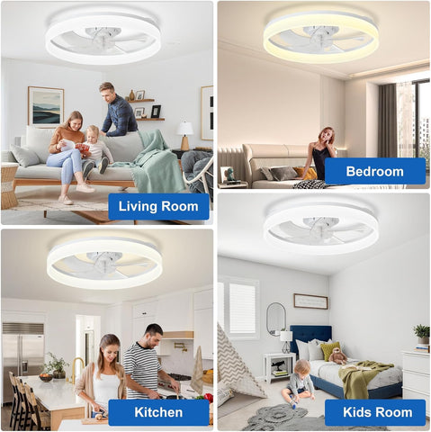 DLLT Low Profile Ceiling Fan: 20" Modern Flush Mount Ceiling Fans with Lights for Bedroom - White LED Bladeless Fandelier with APP Remote Control 3000K-6500K Quiet DC Motor for Kids Room Kitchen Loft