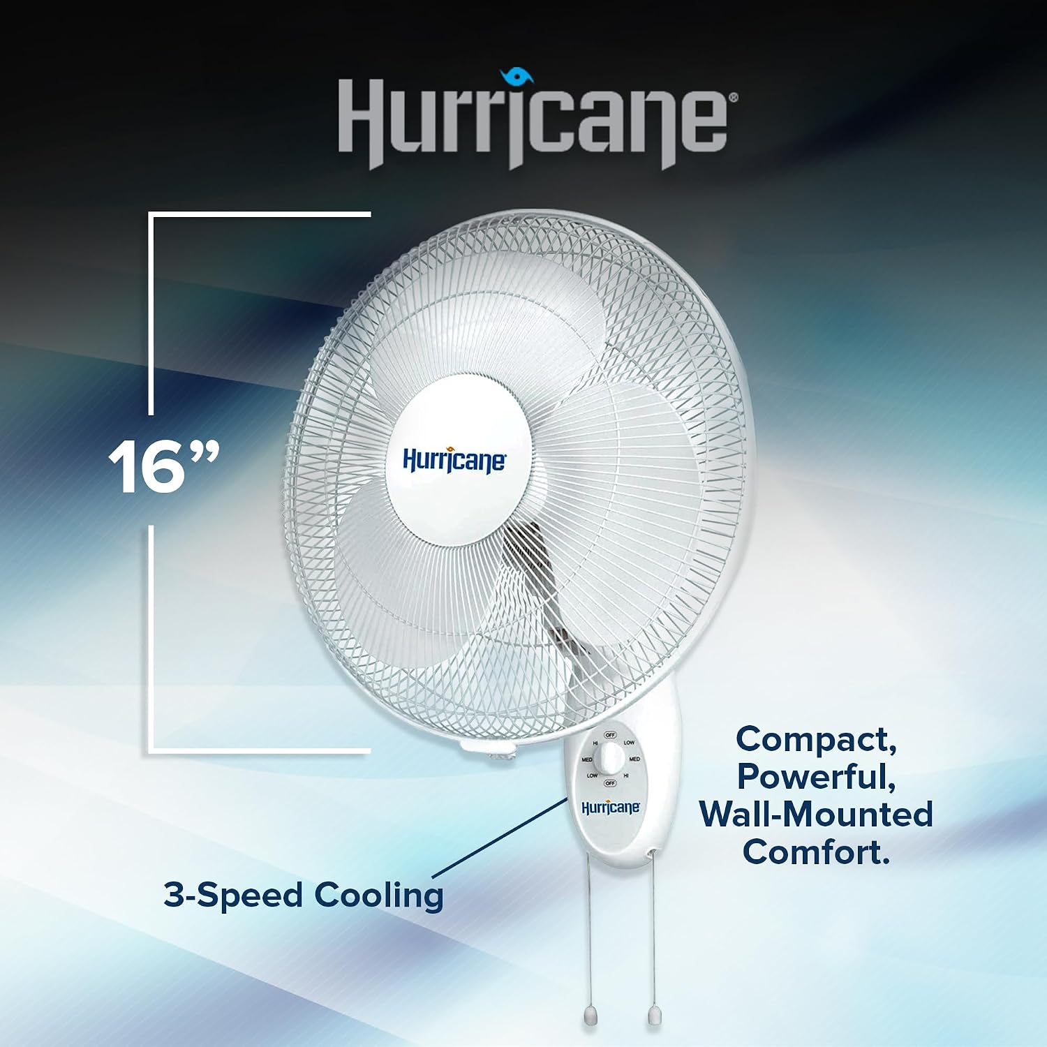 Hurricane Supreme Oscillating Wall Fan, 3 Speeds, White - 16in