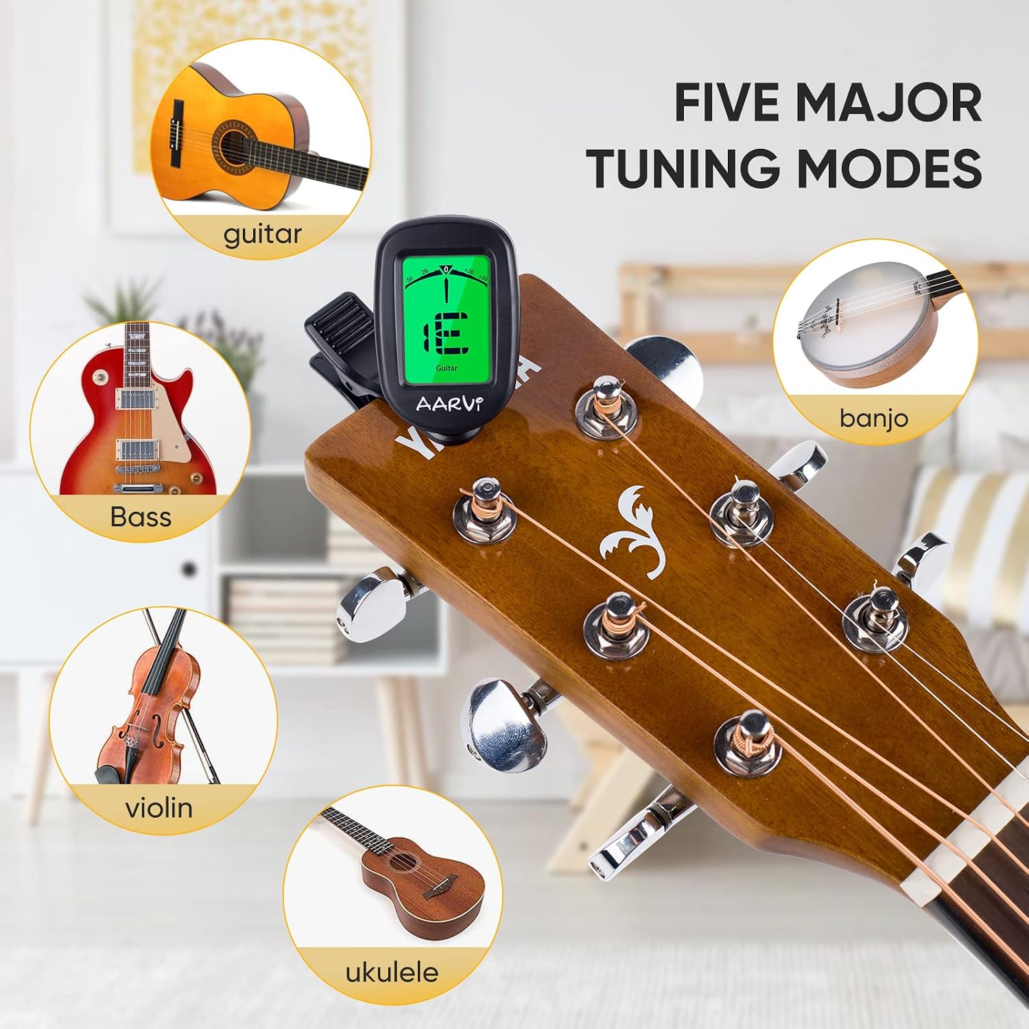 Aarvi Guitar Tuner, Clip-On Digital Chromatic Tuner for Acoustic & Electric Instruments, 10 Pack with 40 Guitar Picks