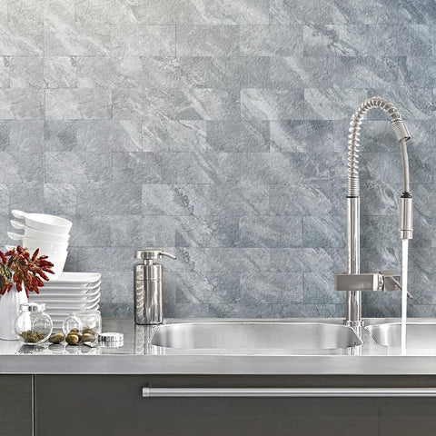 AULIGET 100-Piece Peel and Stick Backsplash Wall Tiles, 3" x 6" PVC Grey Marble Faux Stick on Tiles for Backsplash Kitchen, Bathroom, Laundry Room, Camper, Fireplace