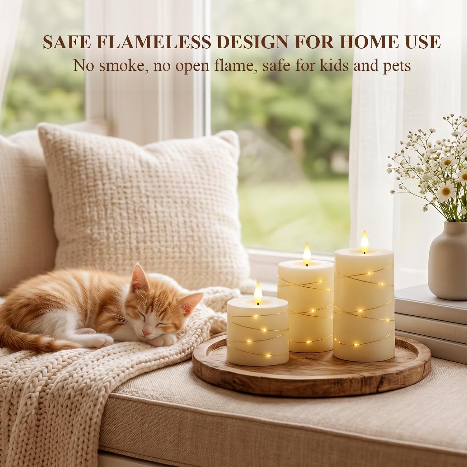 Homemory Ivory Flameless Candles with String Lights, Set of 3 Battery Operated LED Pillar Candles with 3D Flickering Wicks, 11-Key Remote Control and Timer for Home, Wedding and Christmas Decor