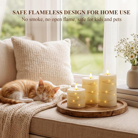 Homemory Ivory Flameless Candles with String Lights, Set of 3 Battery Operated LED Pillar Candles with 3D Flickering Wicks, 11-Key Remote Control and Timer for Home, Wedding and Christmas Decor