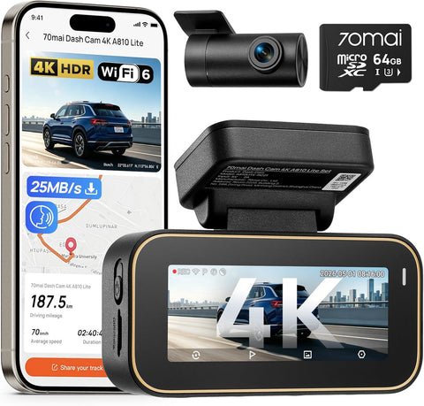 70mai A810 Lite 4K Dash Cam Front and Rear, 5GHz Wi-Fi 6 DashCam, Car Camera 4G LTE Remote Access, GPS Tracking, HDR Night Vision, 24H Parking Mode, Voice Control, Emergency Lock