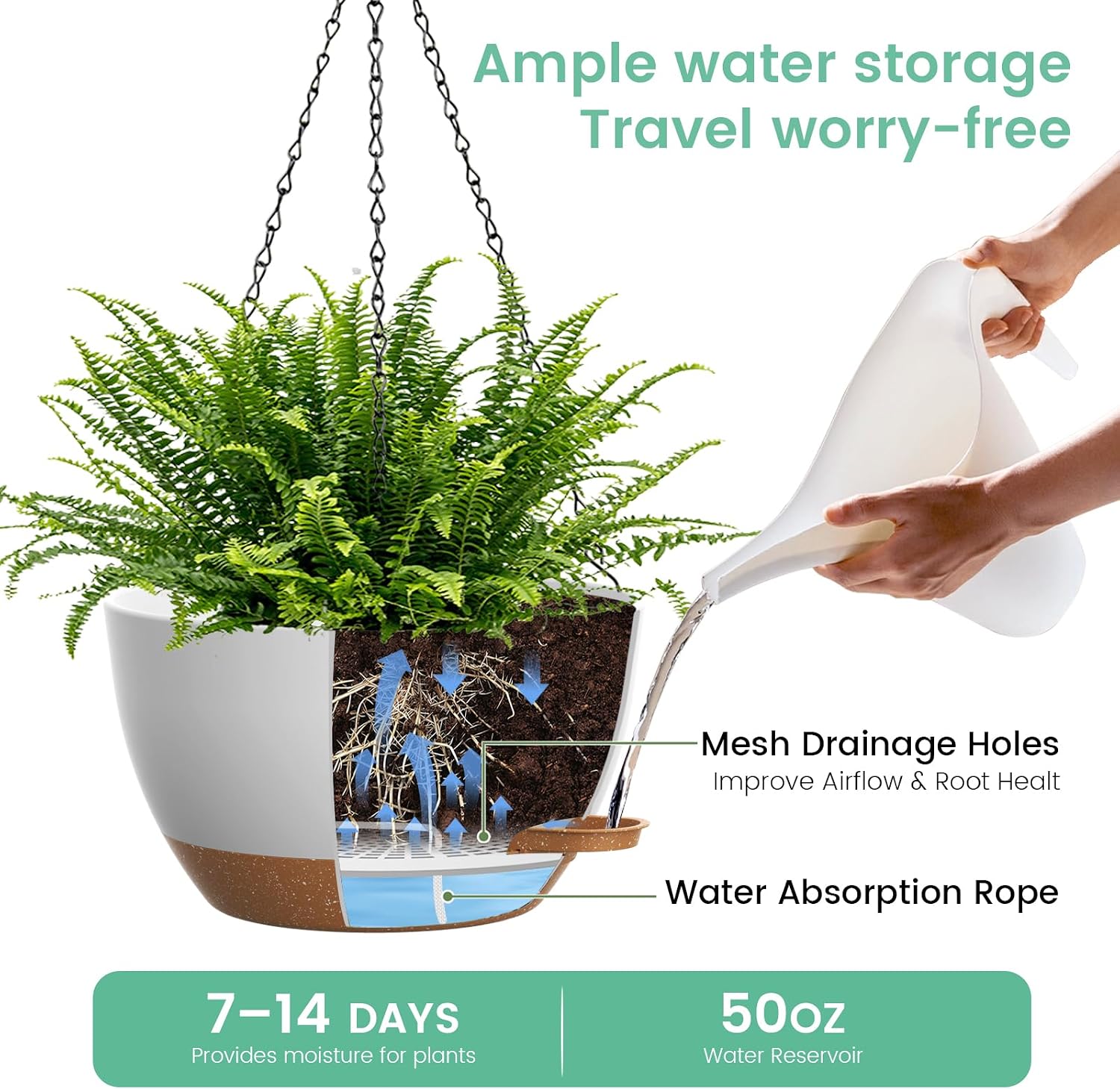 UOUZ 13 Inch 2 Pack Large Self Watering Hanging Planters for Indoor Outdoor Plants, Hanging Plant Pots with Removable 50 Oz Reservoir, Plastic Hanging Basket for Window Porch Garden, White with Brown