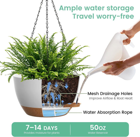 UOUZ 13 Inch 2 Pack Large Self Watering Hanging Planters for Indoor Outdoor Plants, Hanging Plant Pots with Removable 50 Oz Reservoir, Plastic Hanging Basket for Window Porch Garden, White with Brown
