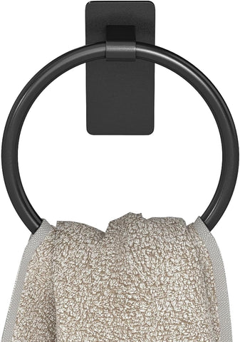 STWWO Hand Towel Holder for Bathroom, Adhesive Round Towel Ring, Black