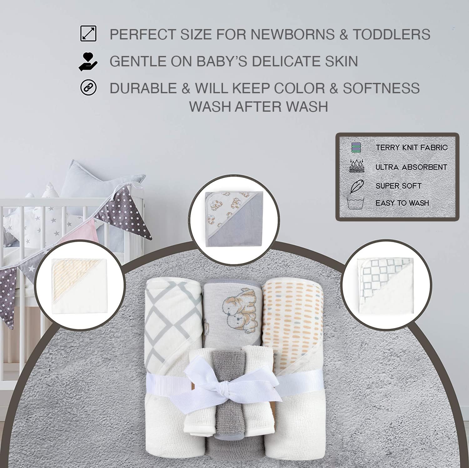 Hooded Baby Bath Towel and Washcloth 6 Piece Set for Newborns Infants & Toddlers, Boys & Girls Baby Hooded Towels (Puppies & Patterns)