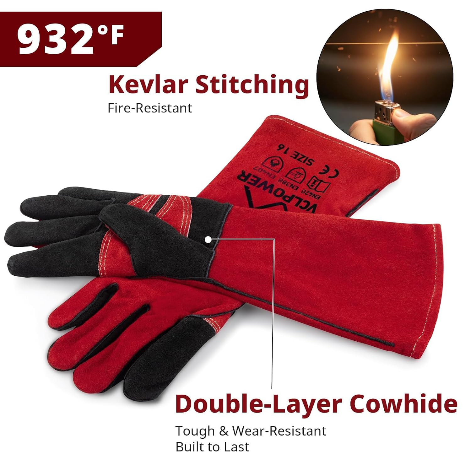 vclpower Welding Gloves 16-Inch 932°F Heat Resistant Leather for MIG,Stick