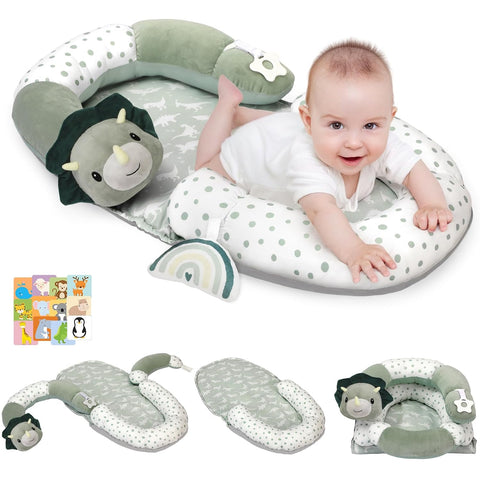 4 in 1 Tummy Time Mat with Educational Cards, Play Mat & Sitting Support for Newborn 0-12 Months, Infant Baby Sit Me Up Floor Seat, Sensory Skills Gifts, Dinosaur