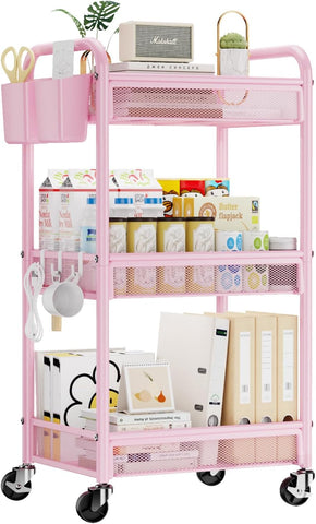 YASONIC 3 Tier Metal Rolling Cart, Pink Utility Storage Cart with Wheels