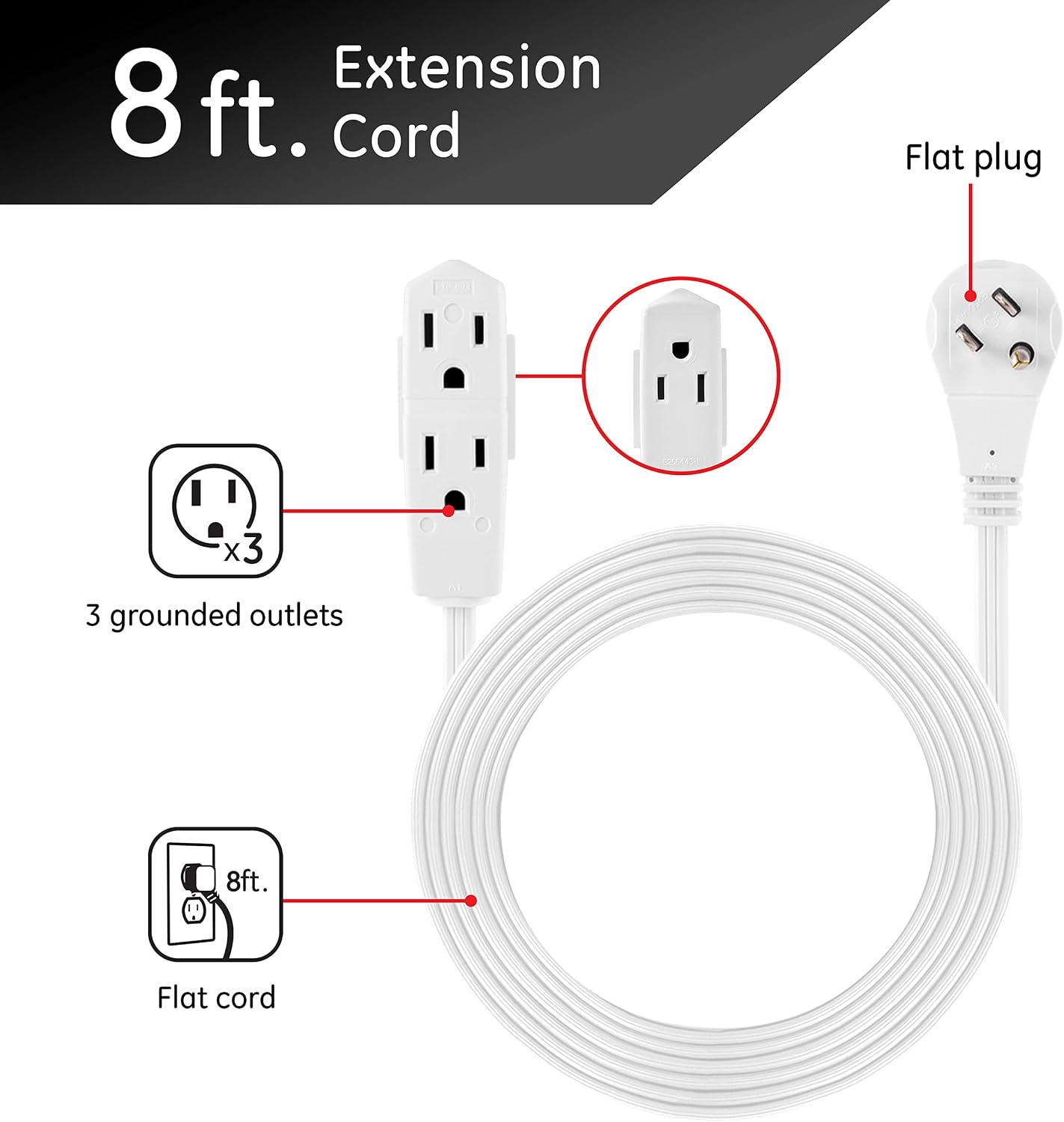 GE 3-Outlet Flat Plug Extension Cord 8 Ft Grounded Extension Cord