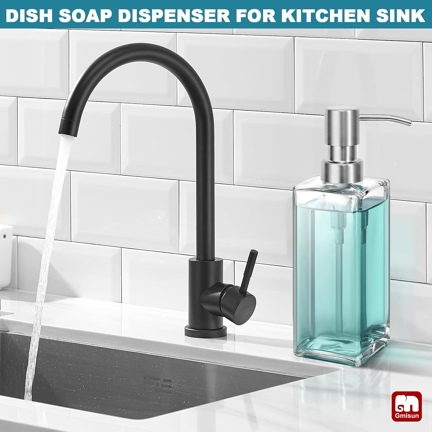 GMISUN Glass Soap Dispenser with Stainless Steel Pump, Clear Hand Soap Dispenser for Bathroom, 12 fl oz/350ml Dish Dispensers for Kitchen, Modern Refillable Liquid Soap Lotion Bottle for Countertop