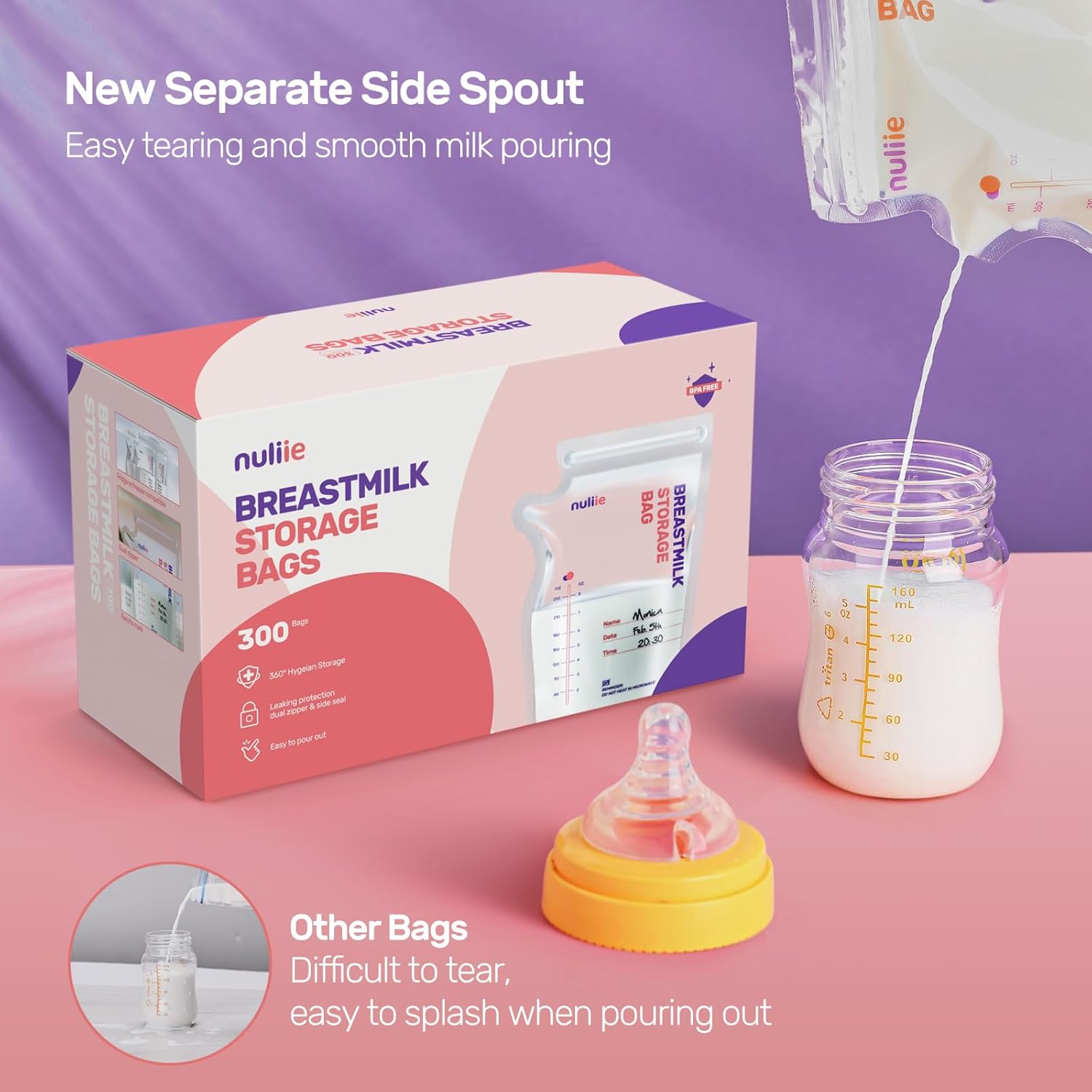 Nuliie 300 Pcs Breastmilk Storage Bags Freezer, 8 OZ Breast Milk Storing Bags, BPA-Free, Milk Storage Bags with Pour Spout for Breastfeeding, Self-Standing Bag, Space Saving Flat Profile