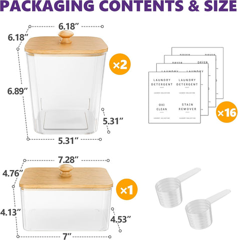 Moforoco 2+1 Pack Bamboo Laundry Pods Container, Clear Laundry Room Organization Containers,Large Laundry Detergent Powder Storage Containers Lids & Labels, for Scent Booster