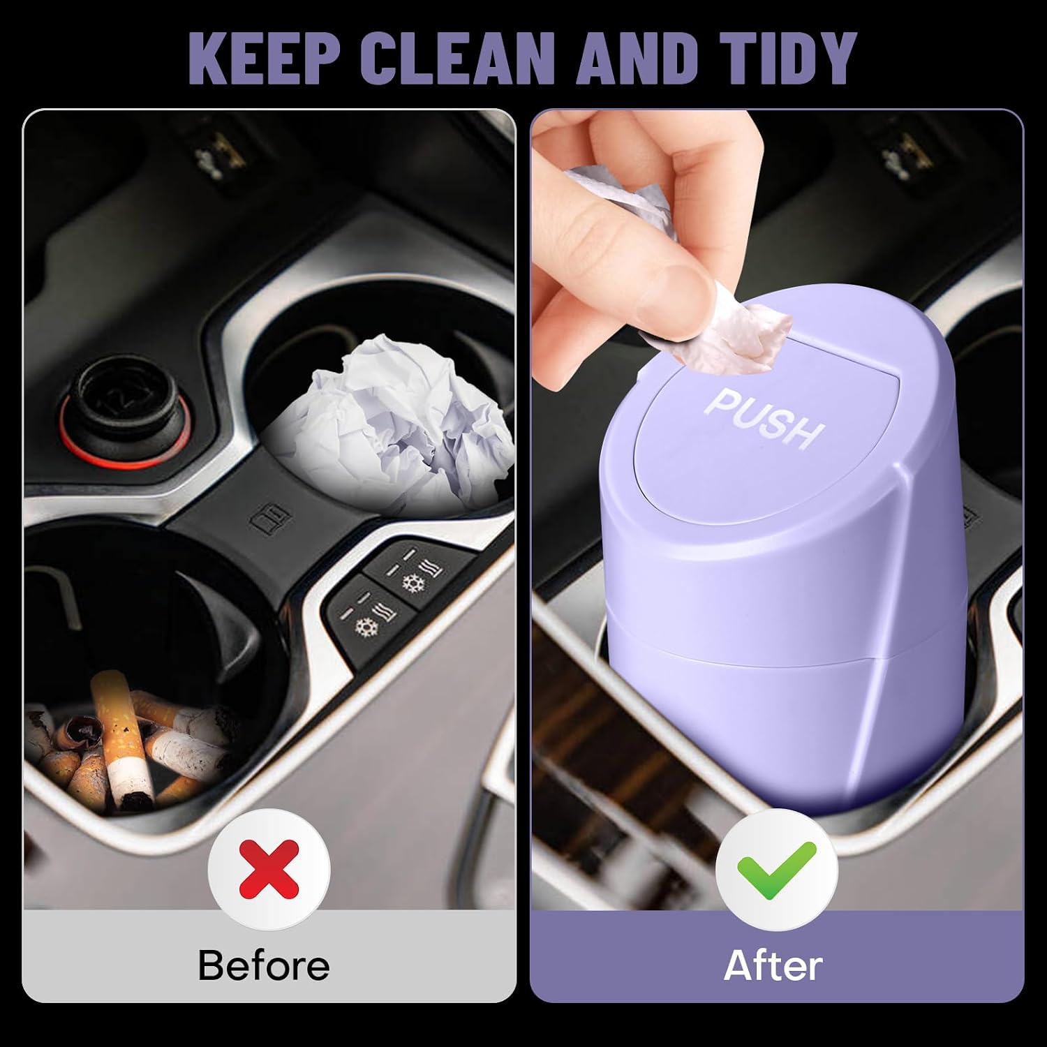 Car Trash Can Bin with Lid - Car Garbage Can Cup Holder - Light Purple Mini Leakproof Vehicle Garbage Bin with 20pcs Trash Bags-Automotive Organizers and Storage for Front Back Seat Accessories