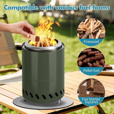 9.7 x 7.1 Inch Tabletop Fire Pit by AmazStove, Low Smoke Camping Stove for Outdoor Safe Burning Firepits, Fueled Pellets or Wood, Travel Bag Included (Green, 9.7 x 7.1 INCH)