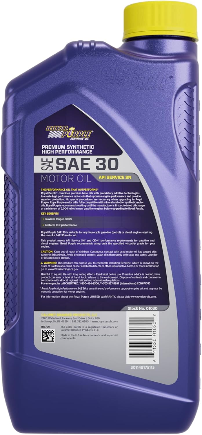 Royal Purple 01030 SAE 30 Heavy Duty High Performance Synthetic Motor Oil - 1 Quart Bottle
