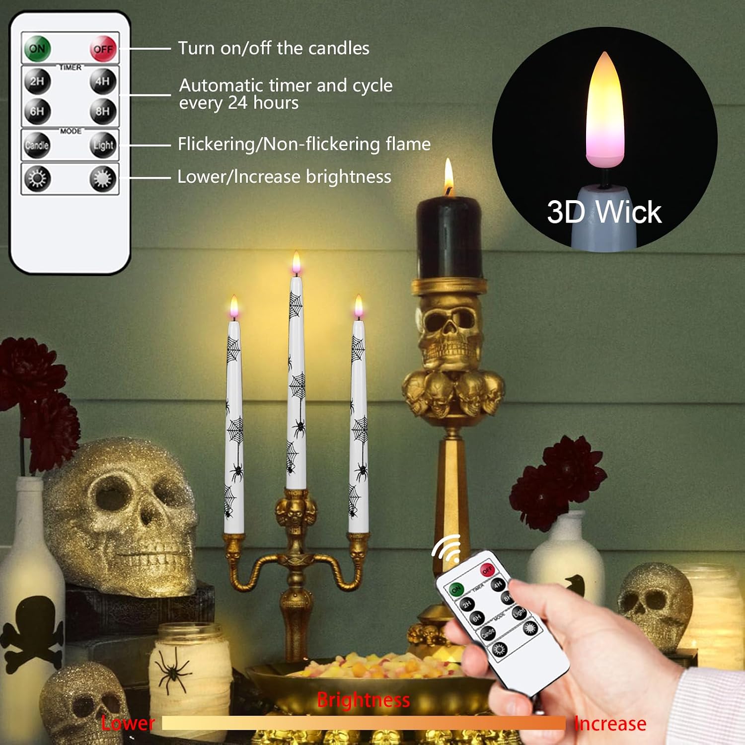 Wondise Halloween Flameless Taper Candles with Remote & Timer