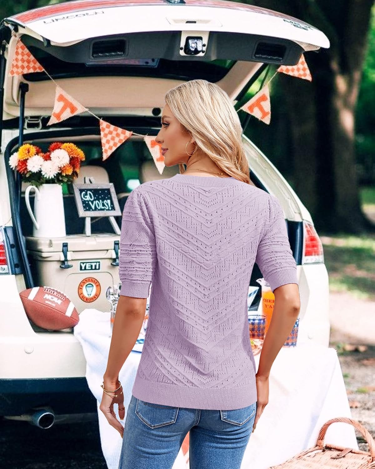 Womens Puff Short Sleeve Sweater Summer Crew Neck Ribbed Knit Pullover Tops