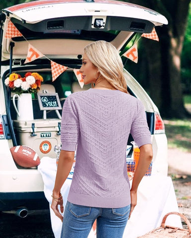 Womens Puff Short Sleeve Sweater Summer Crew Neck Ribbed Knit Pullover Tops