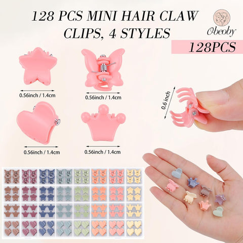 Obeoby 128 Pcs Mini Hair Claw Clips for Toddler Baby Girls Cute Accessories Little Butterfly Heart Star Crown Tiny Barrettes Holiday Birthday Gifts (4 Styles, 8 Colors)