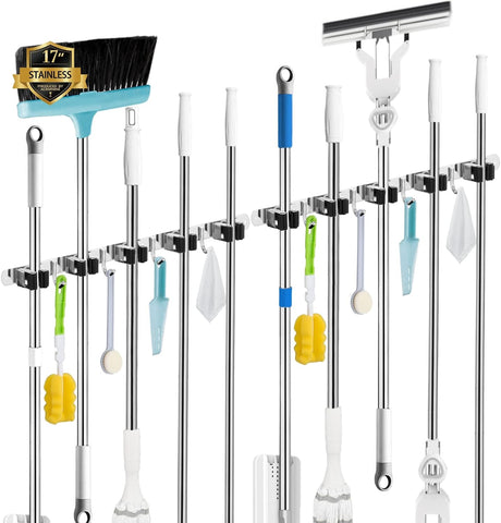 2 Pack Broom Holder Wall Mount, 5 Racks 4 Hooks Mop and Broom Organizer