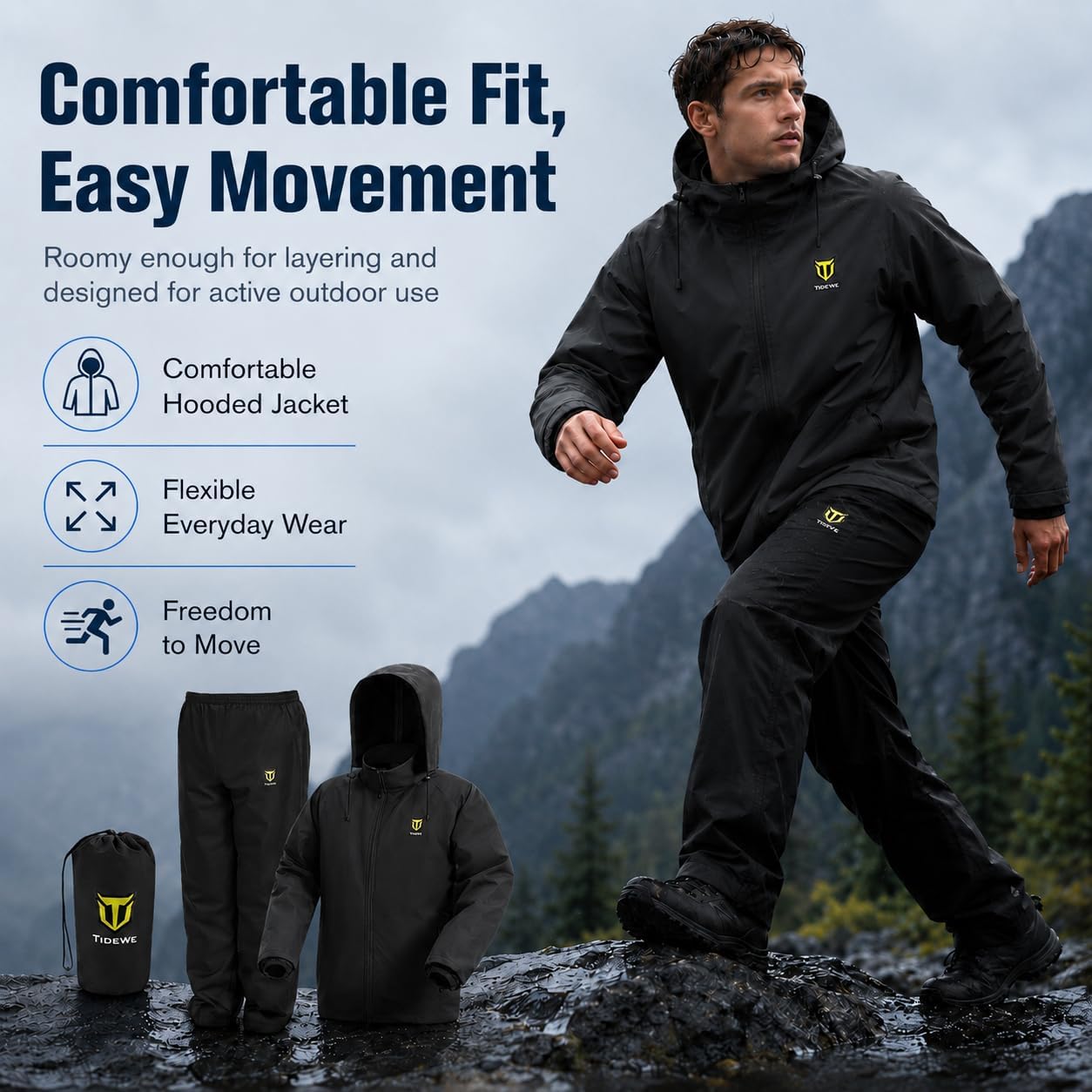 TIDEWE Rain Suit for Men, Waterproof Lightweight 2-Piece Rain Gear