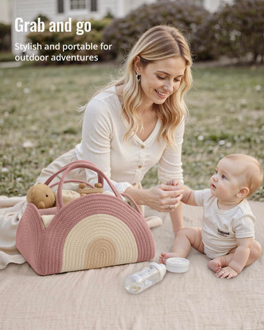 Blissful Diary Diaper Caddy Organizer, Woven Cotton Rope, Blush Rainbow