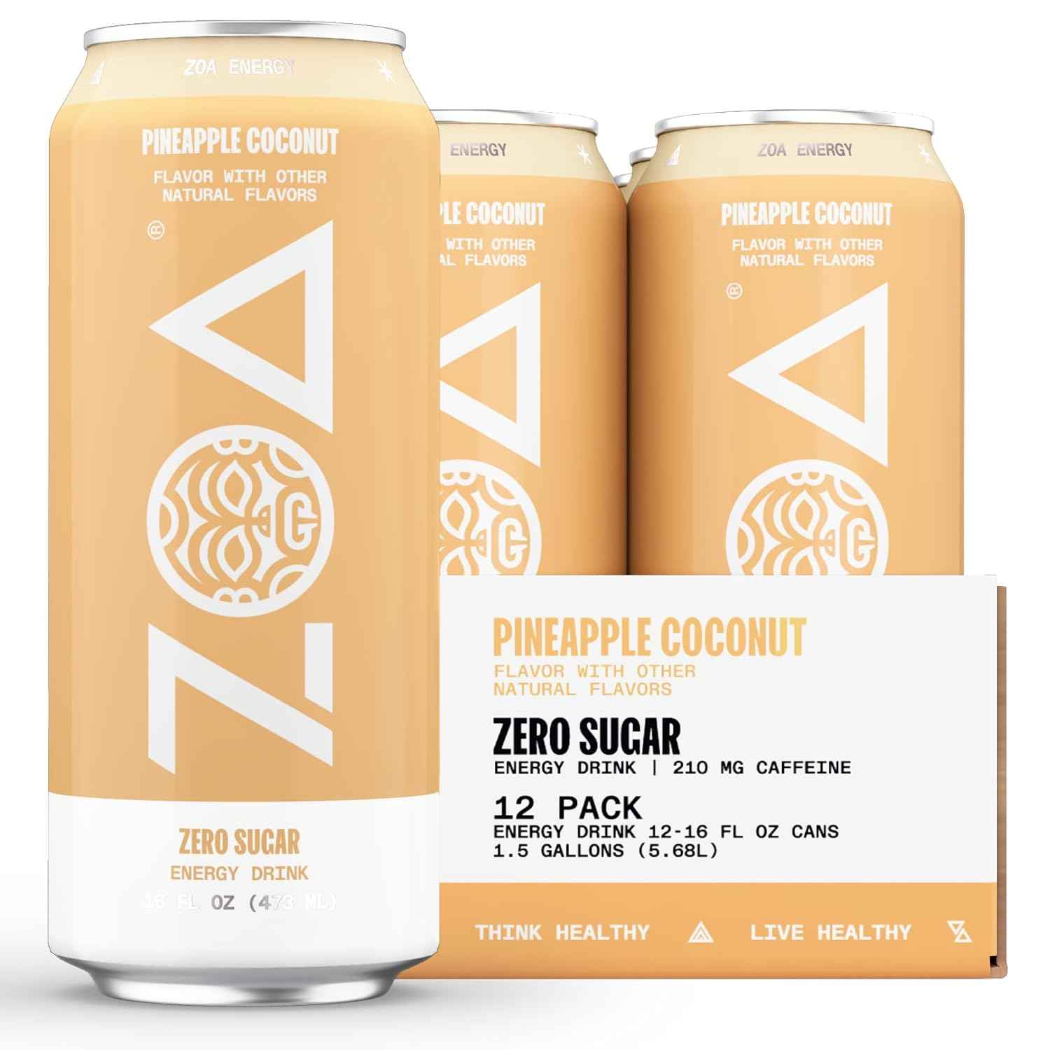 ZOA Zero Sugar Energy Drink, Pineapple Coconut, 12 Pack, 16 Fl Oz Cans | With Electrolytes, Vitamins B and C, supporting hydration with 210 mg plant based caffeine from green tea and green coffee
