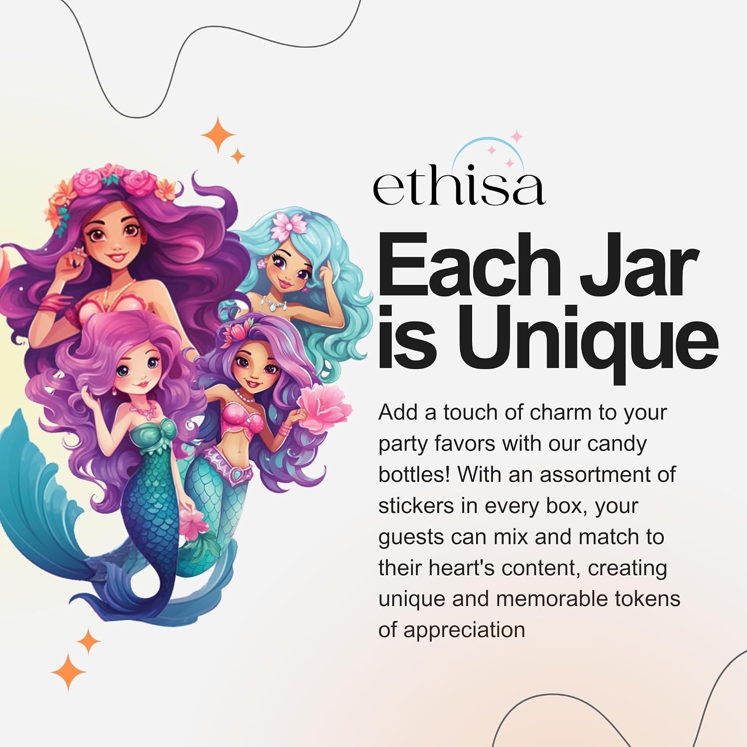 Ethisa Small 12 Pack Mermaid Party Favors - DIY Candy Jars with Ribbons and Stickers - Party Decoration Bottles for Birthday, School Classroom, and Baby Shower - Mermaid Table Centerpiece for Girls
