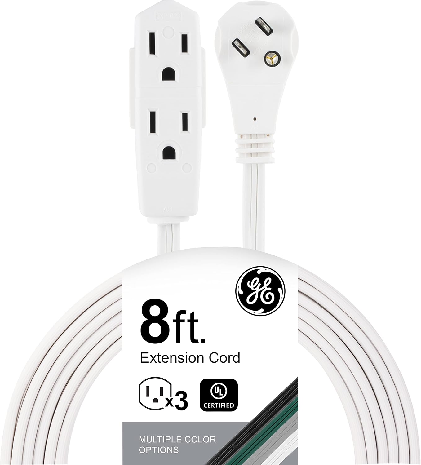 GE 3-Outlet Flat Plug Extension Cord 8 Ft Grounded Extension Cord