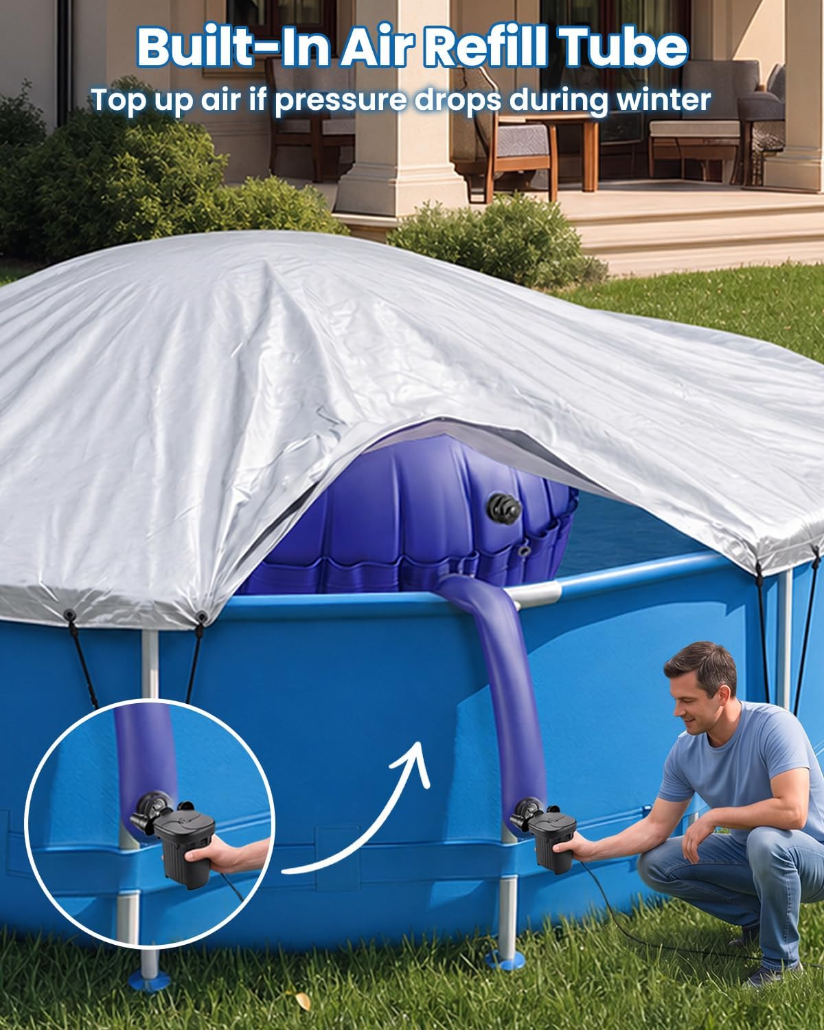 Pool Pillows for Above Ground Pools – Round 12x12FT with Pump & Rope & Patch, Air Pillow & Balloon for Inground Swimming Pool, Winter Cover Pillow, 0.84mm Thick Closing & Winterizing Kit for Pool