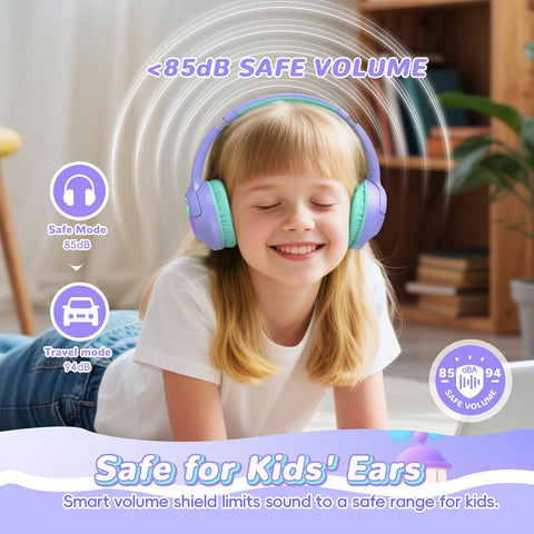 Kids Bluetooth Headphones, 85H Playtime for Toddler Girls, Purple with LED