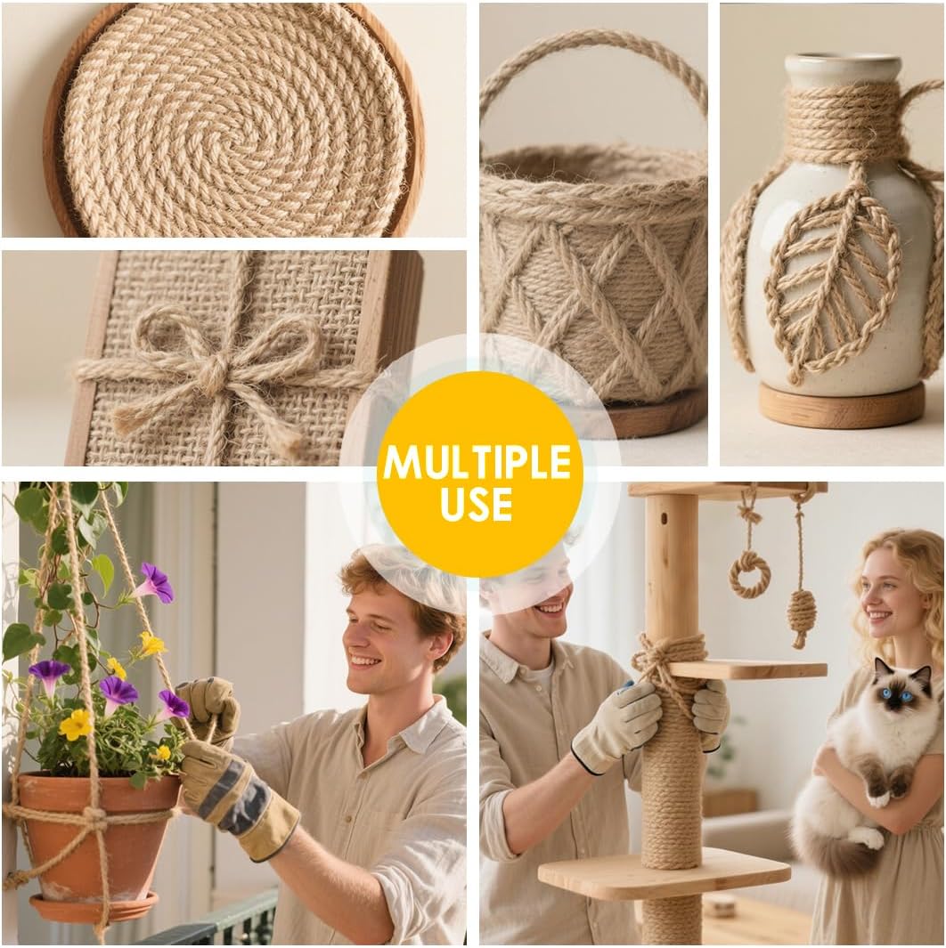 Jute Rope 8MM x 100FT Heavy Duty and Thick Twine Rope for Crafts Projects Gardening Bundling Cat Scratcher Scratching Post Tree Gift Wrapping Home Christmas Decoration (Brown 8mm* 100ft)