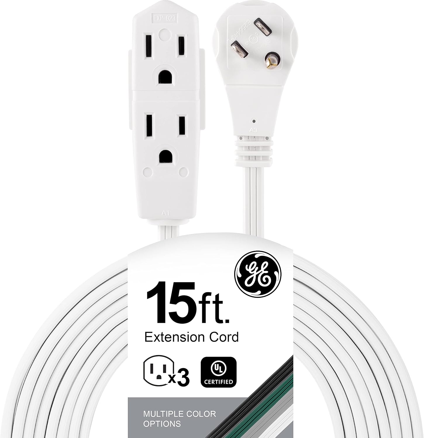 GE 3-Outlet Flat Extension Cord, 15 Ft Grounded Extension Cord