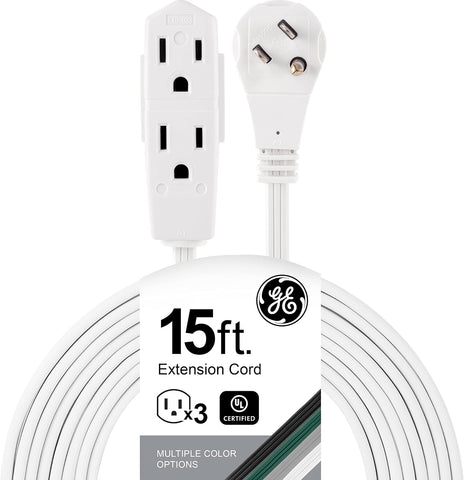 GE 3-Outlet Flat Extension Cord, 15 Ft Grounded Extension Cord