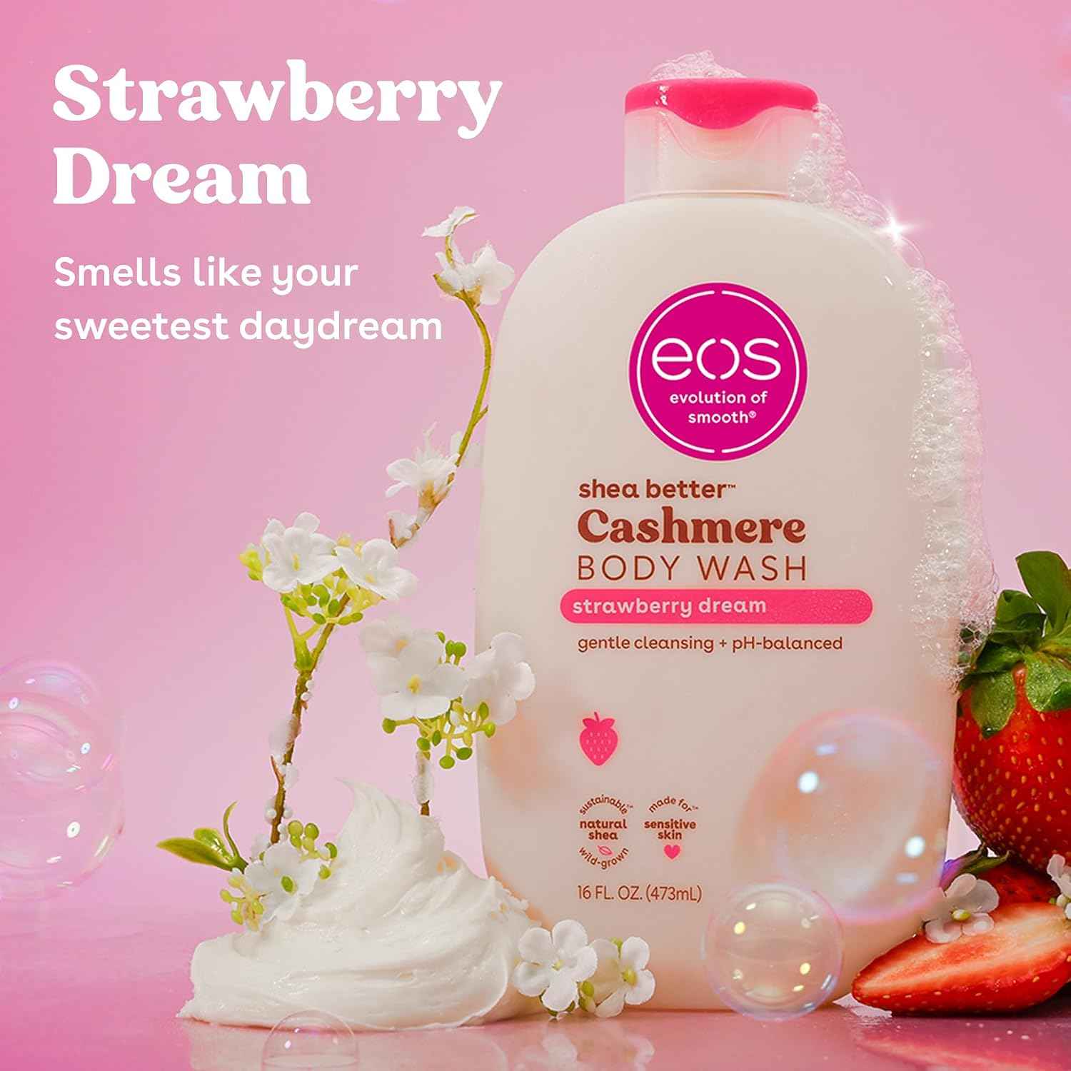 eos Cashmere Body Wash – Strawberry Dreams, Moisturizing Body Wash, Creamy Gel Formula, with Shea Butter, Glycerin, Vitamin E, pH Balanced, Sensitive Skin, Vegan, 16 fl oz