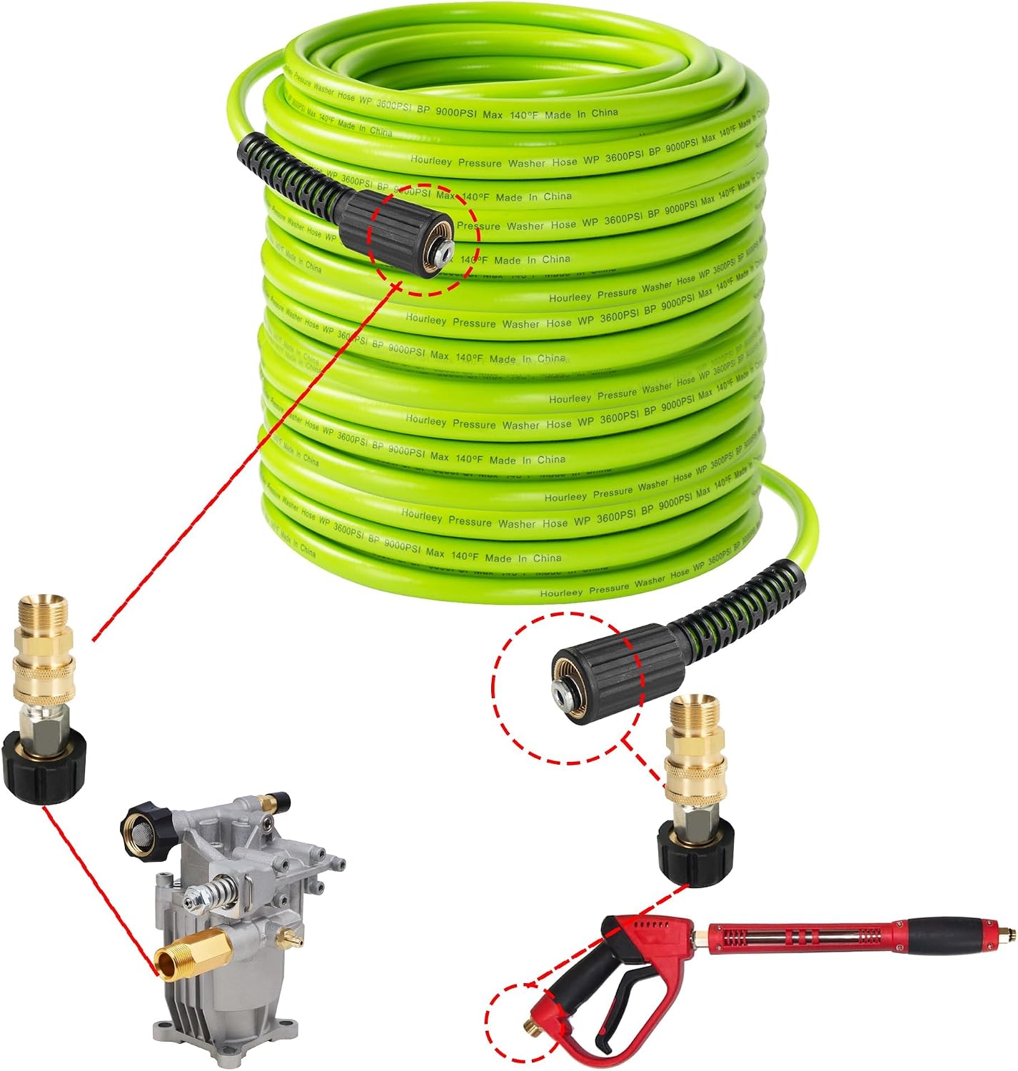 Hourleey Pressure Washer Hose 50 FT, 3600 PSI Flexible Kink Resistant Power Washer Hose Replacement, 1/4" Quick Connect Pressure Hose Extension, Green