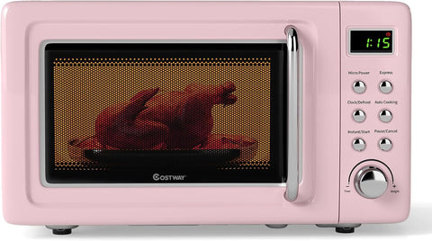 COSTWAY Small Microwave Countertop, Portable Pink Microwave 0.7 Cu.ft