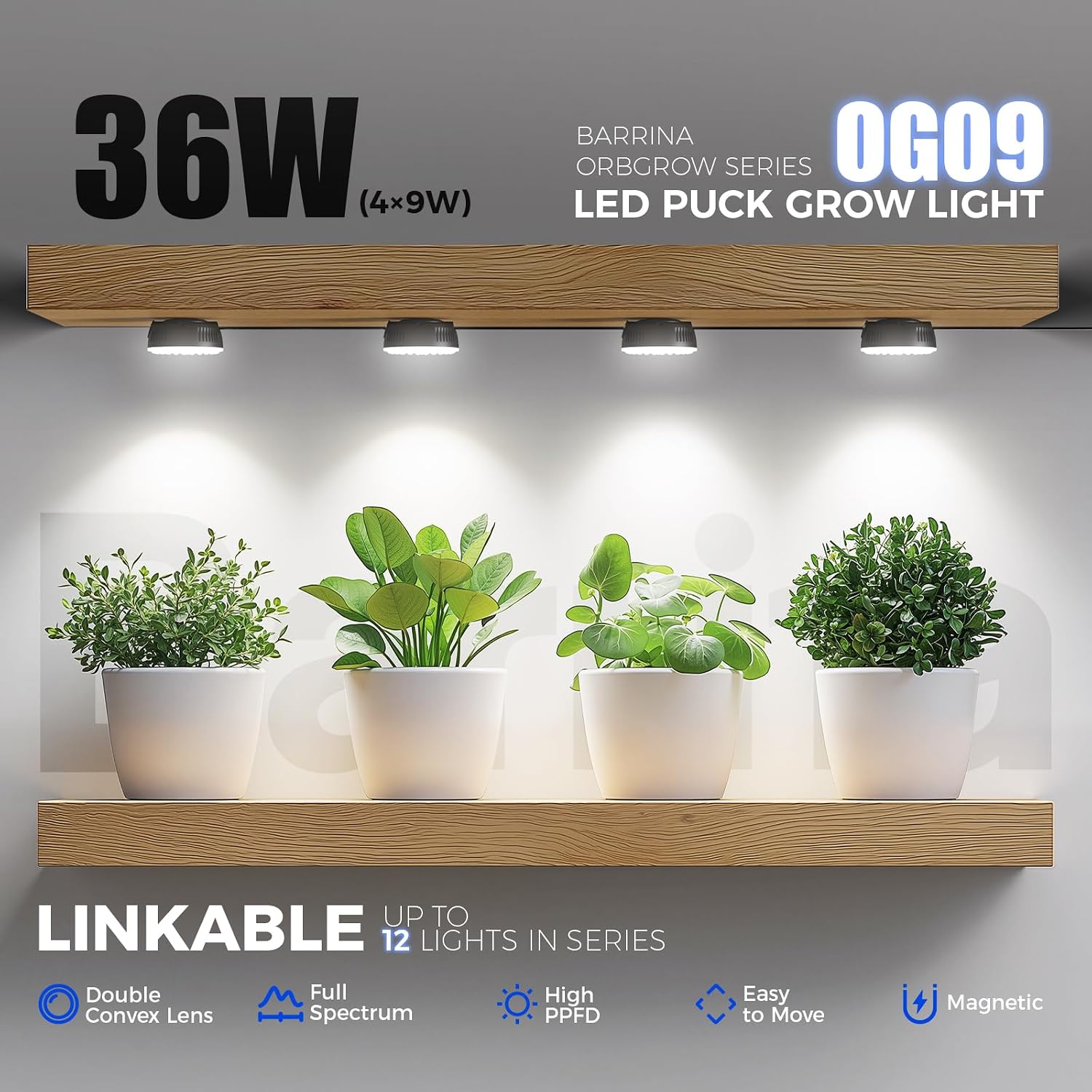 Barrina Orbgrow OG09 Puck Grow Light, 36W(4 x 9W), 5000K, 4 Packs, Black