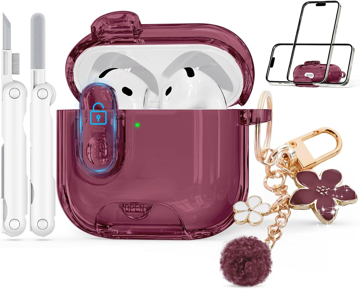 for AirPods 4 Case 2024 with Safety Lock,Wine Red