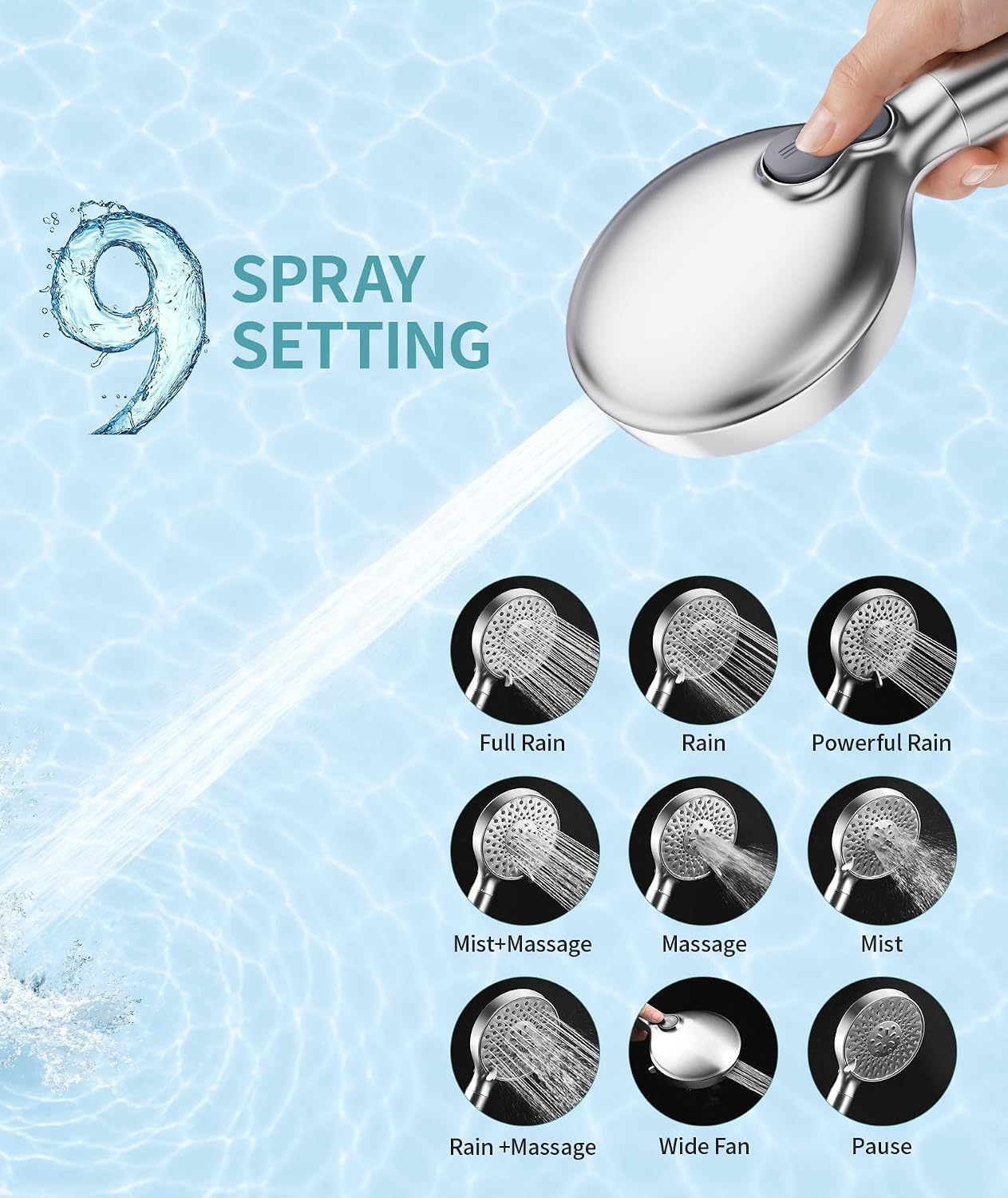 SR SUN RISE Filtered Shower Head with Handheld High Pressure 9 Spray Mode Showerhead Detachable Shower Head Water Softener Filters Beads for Hard Water Remove Chlorine 1 Filter Chrome