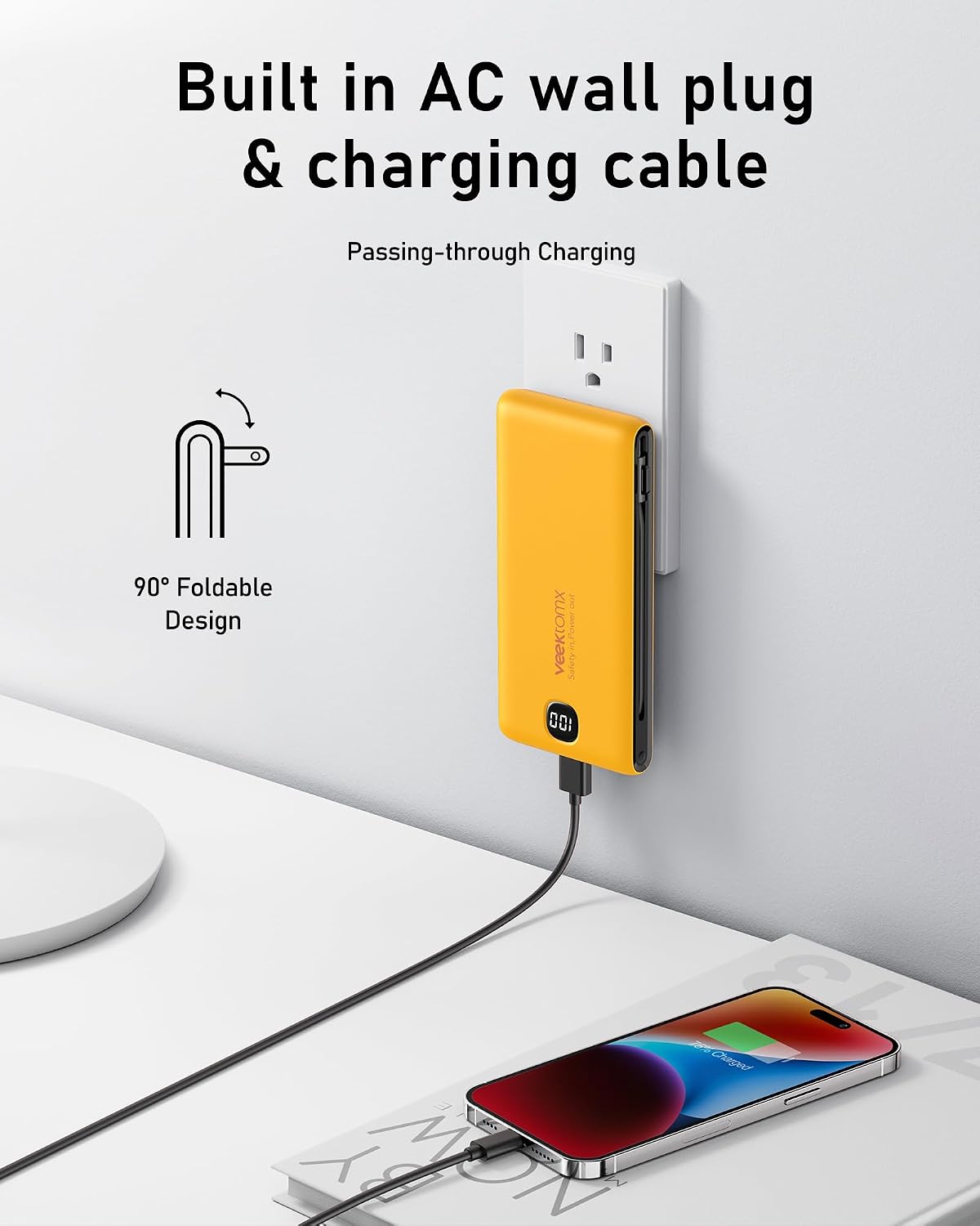 VEEKTOMX 10000mAh Portable Charger with Built-in Cables & Wall Plug