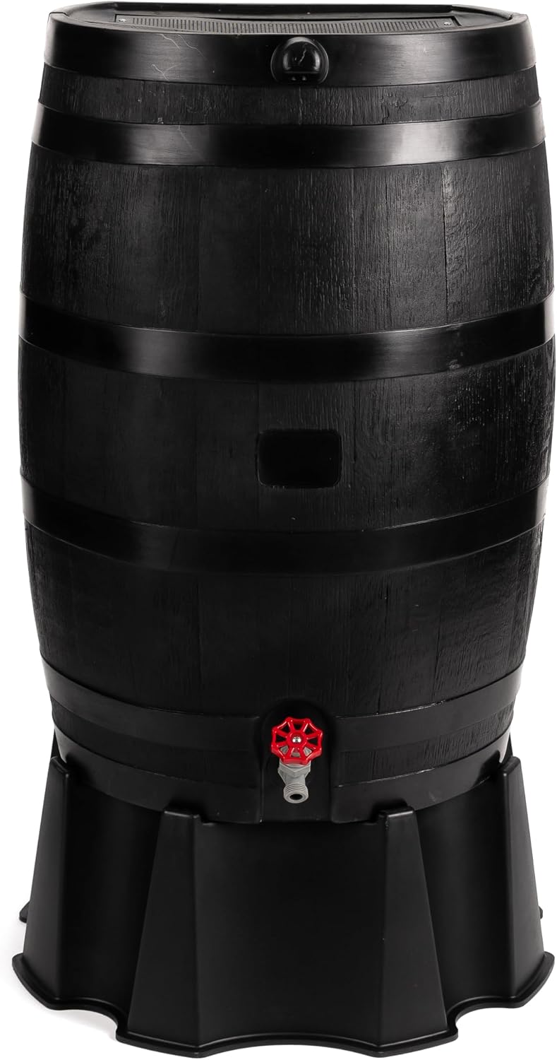 RTS Home Accents 50-Gallon ECO Rain Barrel Made with 100% Recycled Plastic, Flat Back Rain Water Collection Barrel, Stand Included, Black
