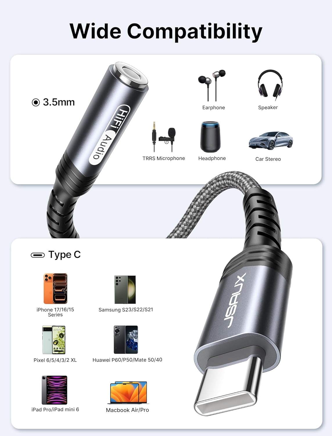 JSAUX USB C to 3.5mm AUX Audio Adapter for iPhone 17/15, Galaxy S25, Grey