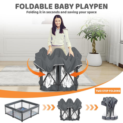 Taleco Gear Foldable Baby Play Pen with Mat, 50''x50'' Playpen for Babies and Toddlers, Playpen for Baby with Gate, Breathable,Foldable Travel Play Pen with 50 Ocean Balls