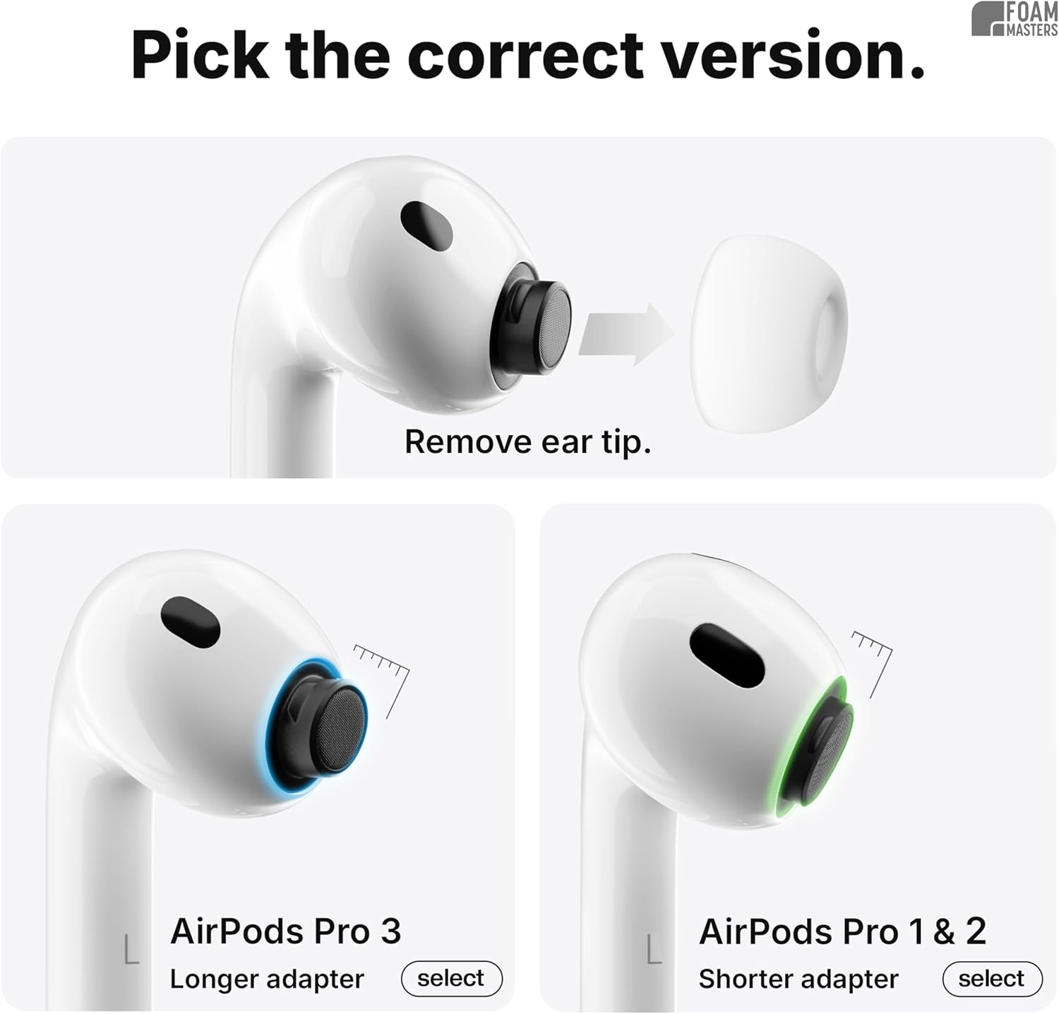 Foam Masters Ultra-Premium Memory Foam Ear Tips for AirPods Pro 1st & 2nd Gen | 3 Pairs | New Ver. | Secure Fit | Super Comfort | Better Noise Cancel | Replacement Buds (Assorted S/M/L, Black)