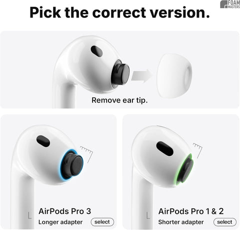 Foam Masters Ultra-Premium Memory Foam Ear Tips for AirPods Pro 1st & 2nd Gen | 3 Pairs | New Ver. | Secure Fit | Super Comfort | Better Noise Cancel | Replacement Buds (Assorted S/M/L, Black)