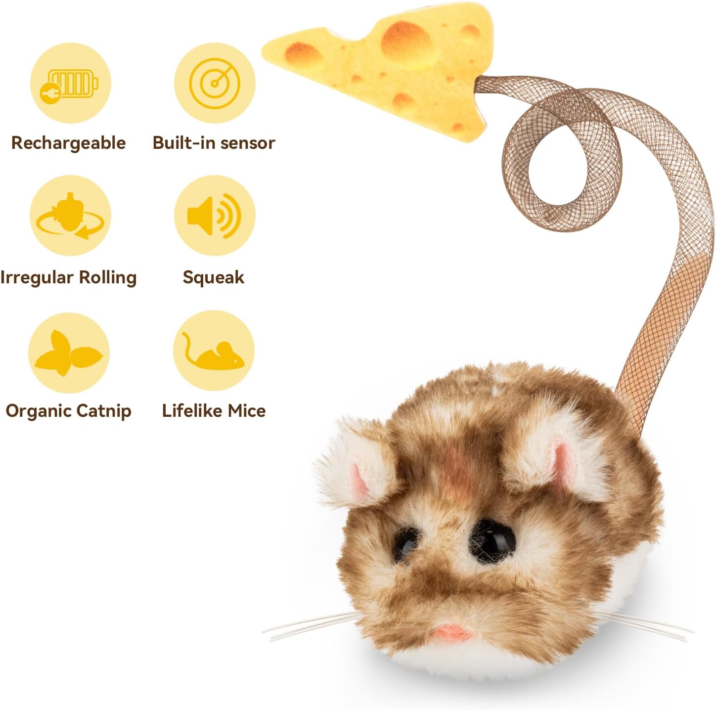 Migipaws Interactive MigiMouse Cat Toy 360° Rolling & Spin with Mesh Plastic Tail for Indoor Cats Smart Motion Sensor, Realistic Squeak, Rechargeable Plush Kitten Toy(Brown Long)